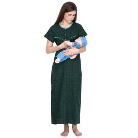 KLAMOTTEN-Cotton Printed Green Maternity and Feeding Nighty With Zip C4G30