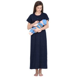 KLAMOTTEN-Cotton Printed Navy Blue Maternity and Feeding Nighty With Zip C4N30