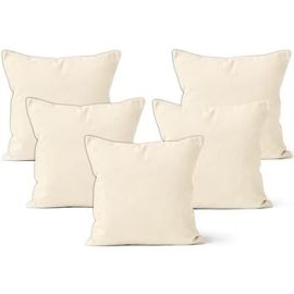 Encasa Homes Decorative Cushion Cover 5 pc Set 16 x 16 inch (40 x 40 cm) - Natural - Solid Dyed Plain Colour, Large Cotton Canvas Square Pillow Case for Chair, Seat, Bed, Sofa, Office (Set of 5)