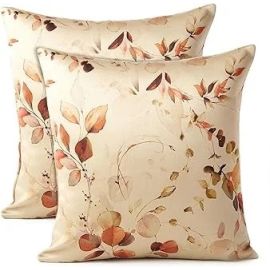 Encasa Polyester Homes Decorative Cushion Cover 16 X 16 Inch (40 X 40 Cm) - L1 Gold - Floral Digital Printed Large Square Pillow Case For Chair Seat Bed Office & Home (Set of 2)