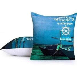 Encasa Homes Cushion Covers - Printed Cotton Twill Fabric - 40x40 cm - 16"x16" - Blue - Pack of 2