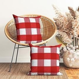 Encasa Homes Cushion Covers 2 pcs Set (40x40 cm) - Buffalo Red Checks - Decorative Large Square Colourful Washable Eco-Cotton, Pillow Cases for Living Room, Sofa, Chair, Bedroom, Home & Hotel