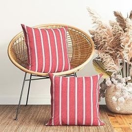 Encasa Homes Cushion Covers 2 pcs set (50x50 cm) - Roma Red Stripes - Decorative Large Square Colourful Washable Eco-Cotton, Pillow Cases for Living Room, Sofa, Chair, Bedroom, Home & Hotel