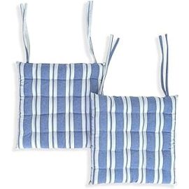 Encasa Homes Chair Cushions 40x40 cm with Ties 2 pcs - Franca Blue Stripes - Stripe Cotton Fabric, Rich Square Seat Cushions Micro-Fiber Filling, Large Size for Sitting, Sofa, Dining Table & Outdoor