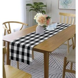 Lushomes Table Runner, Buffalo Checks Black Crochet Ribbed Table Runner for 6 Seater Dining Table (Single Layer, 13 x 72”, 33 x 183 cms)