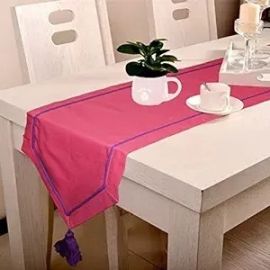 Lushomes Table Runner for 6 Seater Dining Table, Pink Dining Table Runner with Purple Contrasting Cord (Size 30 x 180 cms, Single Pc)