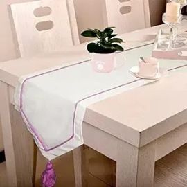 Lushomes Table Runner for 6 Seater Dining Table, Off-White Dining Table Runner with Pink Contrasting Cord (Size 30 x 180 cms, Single Pc)