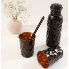 OnEarth Copper Bottle Black Finish Gift Set (750ml Antique Black Bottle with 2 Glasses)