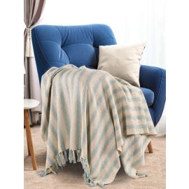 SASHAA WORLD Striped Sofa Throw Medium with Tasselled Edges (Ice Blue Striped, 180 x130 cm)