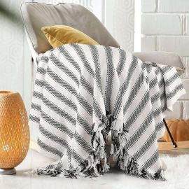 SASHAA WORLD Striped Throw Medium with Tasselled Edges |Throw for Living Room, Bedroom, Sofa & Chair |Black & White Throw Blanket | 180 x130 cm