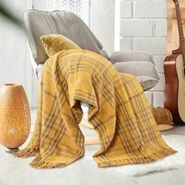 SASHAA WORLD Soft Check Throw Blanket | Used Both Indoor and Outdoor |Blanket for Living Room, Sofa, Bed & Chair | Mustard Throw Blanket| Pack of 1, 180 x130 cm