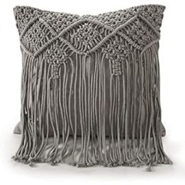 SASHAA WORLD Macrame Cushion Cover in Natural with Long Fringes, Decorative Cushion Cover for Couch, Sofa, Bed or Chair(18X18 inch, Natural with Long Fringes)