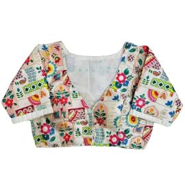 Vihu Fashion Women's Heavy Phantom Silk Floral Digital Print Codding Embroidery Half Sleeve Multicolor Blouse(PP Frill)