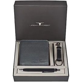 Marty Grey Leather Wallet + Pen + Keyring Combo Gift Set for Men