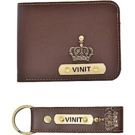 Personalized Faux Leather Combo for Men | Customized Men's Wallet and Keychain with Name and Charm (Dark Brown)