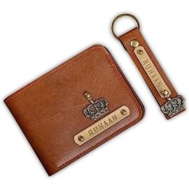 Personalized Leather Wallet + Customized Keychain with Name Tag and Charms, Combo Birthday Gift Set for Men (Tan), Best Birthday Gifts