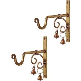 Lamcy Plaza Hand Forged Metal Antique Golden Wall Bracket for Hanging | Planter | Wind Chime | Tea Light Holder | Indoor | Outdoor | Each Size L7.5 X W1 X H7.5 Inches | Pack of 2