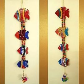 Sohibe Feng Shui Hanging Fish for Wealth Happiness Good Luck and Prosperity Vastu Show Piece Handmade Hand-Painted Wall Hanging for Garden Balcony Home Office Cafe Decoration Main Door Toran Latkan Festival Decorative (Wooden, Length-24 inch) (Combo)